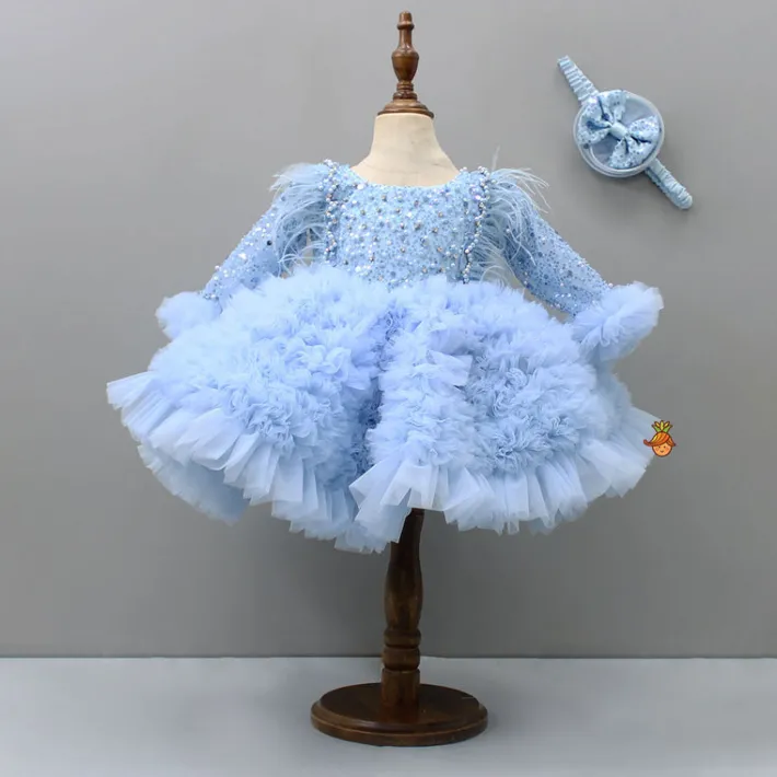 Online Sequins Embellished Ruffled Blue Dress With Matching Swirled Bowie Head Band Dresses & Sets | Dresses