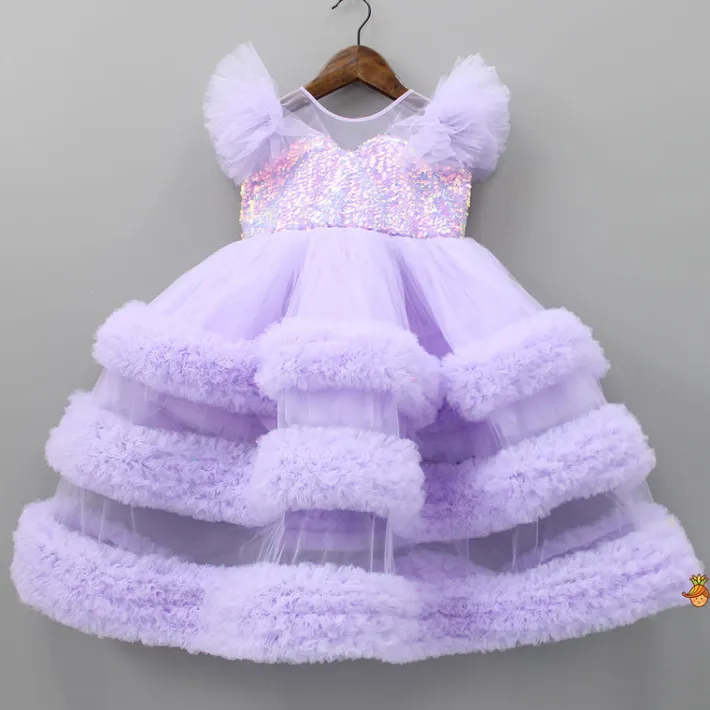 Best Sequins Embellished Yoke Frilled Net Gown Dresses & Sets | Gowns