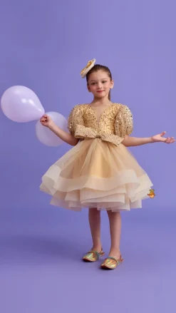 Fashion Sequins Enhanced Puff Sleeves Ruffle Dress With Bowie Head Band Dresses & Sets | Dresses