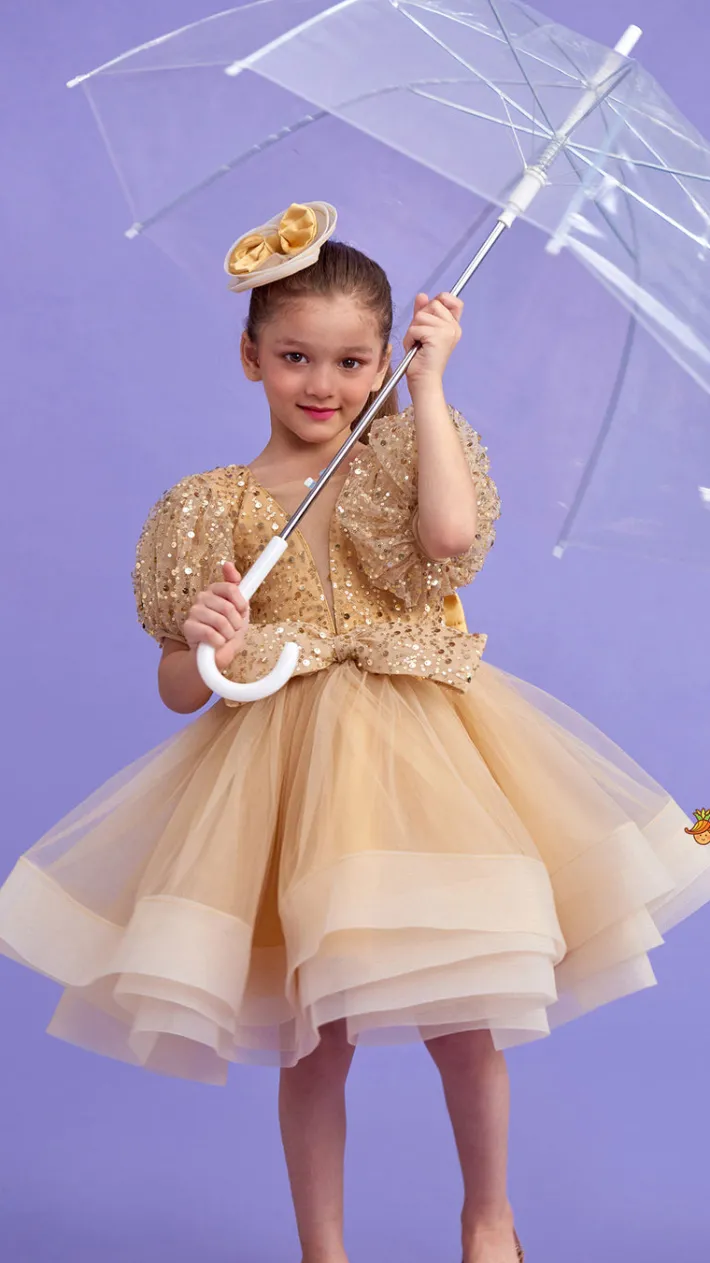Fashion Sequins Enhanced Puff Sleeves Ruffle Dress With Bowie Head Band Dresses & Sets | Dresses