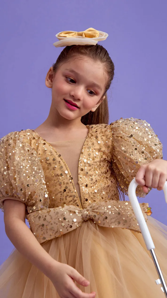Fashion Sequins Enhanced Puff Sleeves Ruffle Dress With Bowie Head Band Dresses & Sets | Dresses