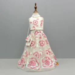 Outlet Sequins Floral Embroidered Off White Top And Lehenga With Sling Bag Ethnic Wear | Lehengas & Ghagras