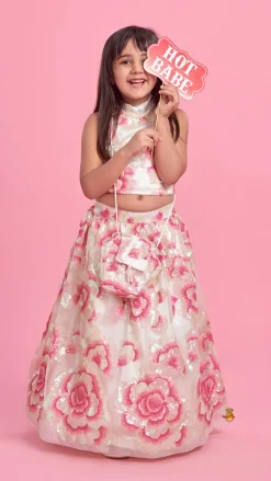 Outlet Sequins Floral Embroidered Off White Top And Lehenga With Sling Bag Ethnic Wear | Lehengas & Ghagras