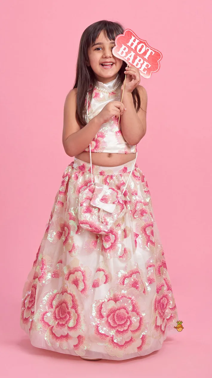 Outlet Sequins Floral Embroidered Off White Top And Lehenga With Sling Bag Ethnic Wear | Lehengas & Ghagras