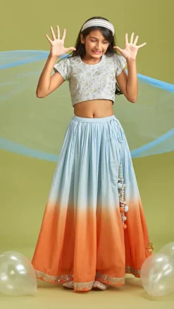 Fashion Sequins Floral Embroidered Blue Top And Ombre Lehenga With Matching Dupatta Twinning Sets | Ethnic Wear