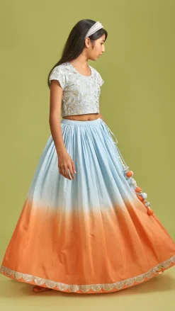 Fashion Sequins Floral Embroidered Blue Top And Ombre Lehenga With Matching Dupatta Twinning Sets | Ethnic Wear