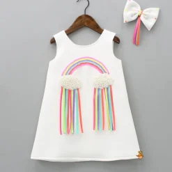 Clearance Sequins Rainbow Embroidered White Dress With Bowie Hair Clip Dresses & Sets | Dresses