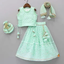 Hot Sequins Thread Embroidered Mint Green Top And Lehenga With Net Dupatta And Potli Bag Ethnic Wear | Lehengas & Ghagras
