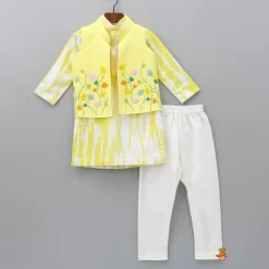 Outlet Shibori Printed Kurta With Beads Embroidered Yellow Open Jacket And Churidar BOY Twinning Sets | Indian Ethnic Wear