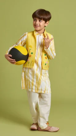 Outlet Shibori Printed Kurta With Beads Embroidered Yellow Open Jacket And Churidar BOY Twinning Sets | Indian Ethnic Wear