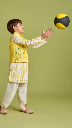 Outlet Shibori Printed Kurta With Beads Embroidered Yellow Open Jacket And Churidar BOY Twinning Sets | Indian Ethnic Wear