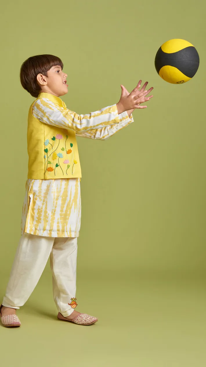 Outlet Shibori Printed Kurta With Beads Embroidered Yellow Open Jacket And Churidar BOY Twinning Sets | Indian Ethnic Wear