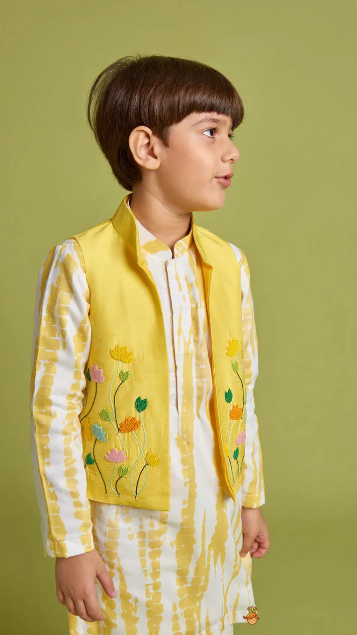 Outlet Shibori Printed Kurta With Beads Embroidered Yellow Open Jacket And Churidar BOY Twinning Sets | Indian Ethnic Wear