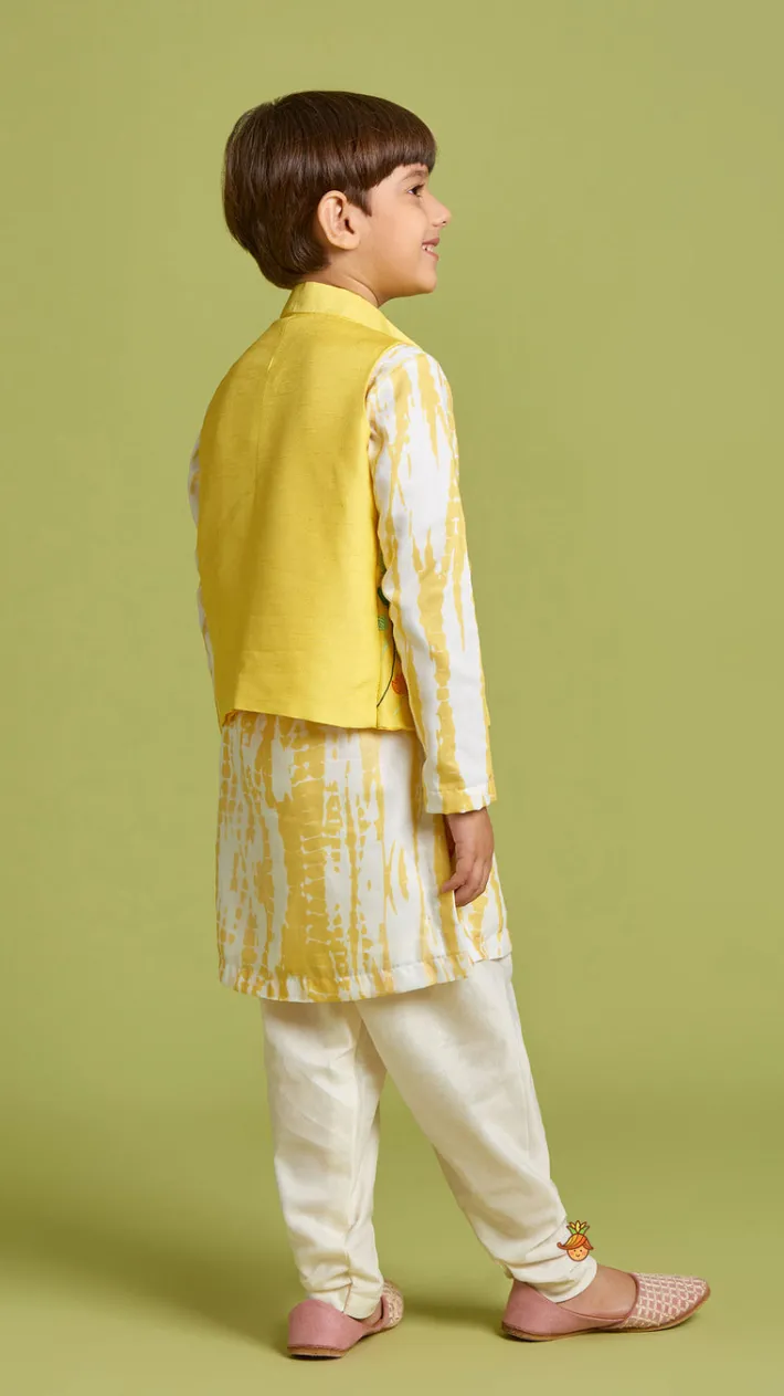 Outlet Shibori Printed Kurta With Beads Embroidered Yellow Open Jacket And Churidar BOY Twinning Sets | Indian Ethnic Wear