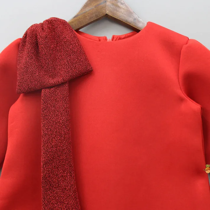 New Shimmery Bow Enhanced Red Neoprene Fancy Dress Dresses & Sets | Dresses