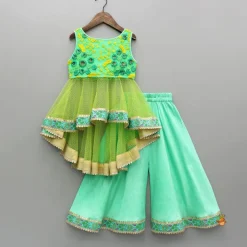 New Shimmery High Low Thread Floral Embroidered Kurti And Flared Palazzo Ethnic Wear | Palazzos & Shararas
