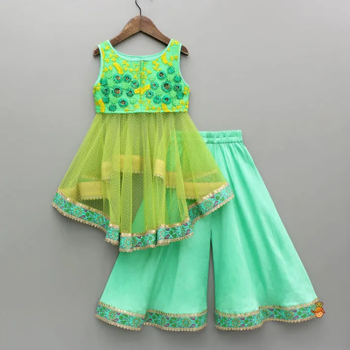 New Shimmery High Low Thread Floral Embroidered Kurti And Flared Palazzo Ethnic Wear | Palazzos & Shararas