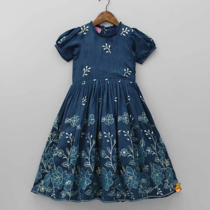 New Short Sleeves Pleated Neckline Blue Kurti Ethnic Wear | Kurtis & Jumpsuits