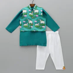 New Silk Green Kurta With Front Open Pocket Detail Printed Jacket And Cotton Pyjama BOY Indian Ethnic Wear | Ethnic Sets