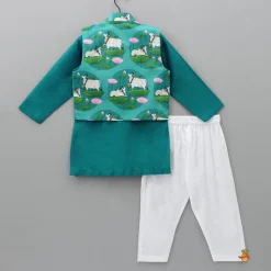New Silk Green Kurta With Front Open Pocket Detail Printed Jacket And Cotton Pyjama BOY Indian Ethnic Wear | Ethnic Sets