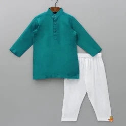 New Silk Green Kurta With Front Open Pocket Detail Printed Jacket And Cotton Pyjama BOY Indian Ethnic Wear | Ethnic Sets