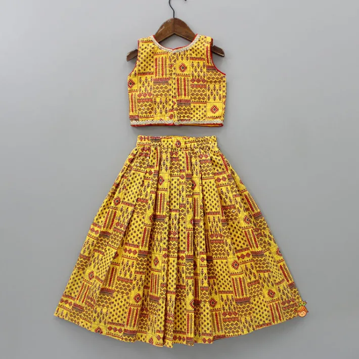 Discount Sleeveless Printed Yellow Top And Lehenga With Maroon Dupatta Ethnic Wear | Lehengas & Ghagras