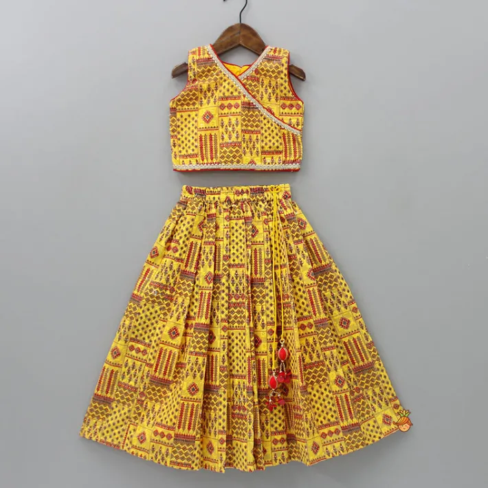 Discount Sleeveless Printed Yellow Top And Lehenga With Maroon Dupatta Ethnic Wear | Lehengas & Ghagras
