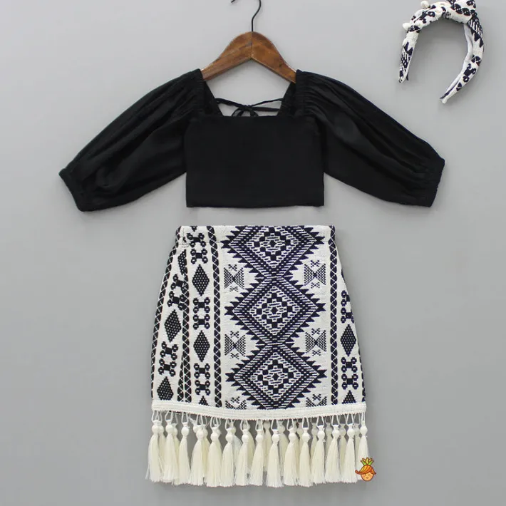 Clearance Smocked Back Stylish Sleeves Black Top And Fringes Skirt With Knot Detail Hair Band Dresses & Sets | Sets