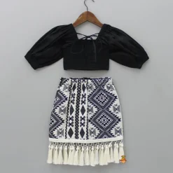 Sale Smocked Back Stylish Sleeves Black Top And Fringes Skirt With Knot Detail Hair Band Dresses & Sets | Sets