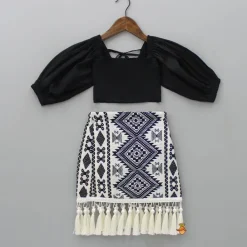Sale Smocked Back Stylish Sleeves Black Top And Fringes Skirt With Knot Detail Hair Band Dresses & Sets | Sets