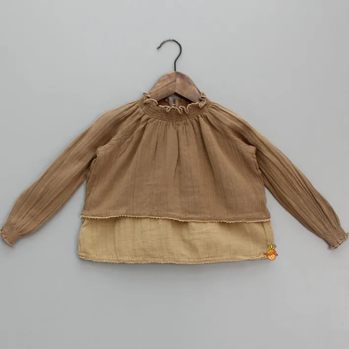 Discount Smocked Dual Tone Brown Top Tops & Tunics