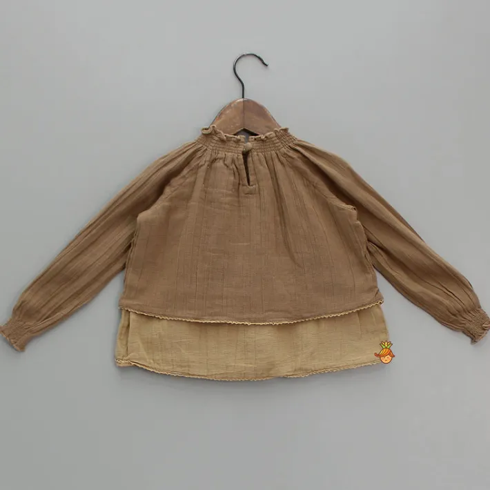 Discount Smocked Dual Tone Brown Top Tops & Tunics