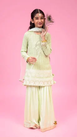 Hot Splendid Embroidered Georgette Green Kurti With Sharara And Dupatta Ethnic Wear | Palazzos & Shararas