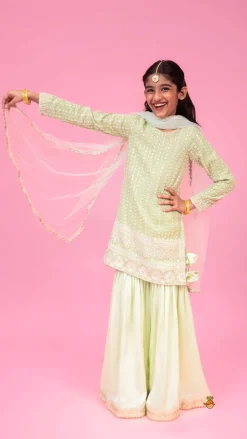Hot Splendid Embroidered Georgette Green Kurti With Sharara And Dupatta Ethnic Wear | Palazzos & Shararas