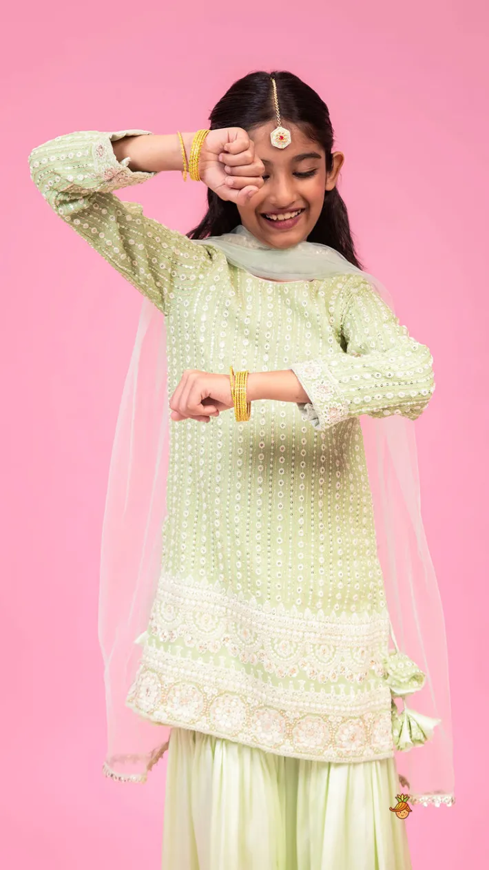 Hot Splendid Embroidered Georgette Green Kurti With Sharara And Dupatta Ethnic Wear | Palazzos & Shararas