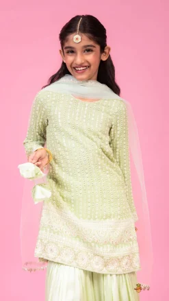 Hot Splendid Embroidered Georgette Green Kurti With Sharara And Dupatta Ethnic Wear | Palazzos & Shararas