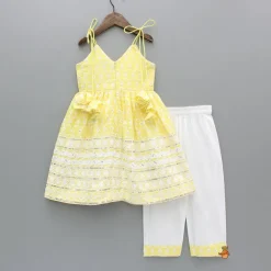 Clearance Strappy V Neck Embroidered Yellow Kurti And Pant With Sling Bag Ethnic Wear | Churidars & Salwars
