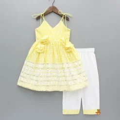 Clearance Strappy V Neck Embroidered Yellow Kurti And Pant With Sling Bag Ethnic Wear | Churidars & Salwars