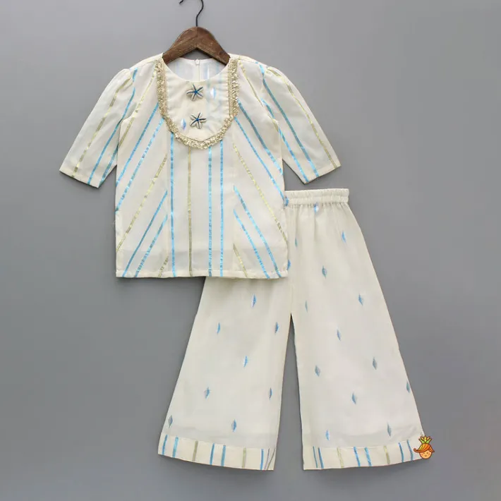 Hot Striped Blue Off White Kurta With Palazzo And Ruffle Dupatta Ethnic Wear | Palazzos & Shararas