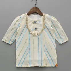 Hot Striped Blue Off White Kurta With Palazzo And Ruffle Dupatta Ethnic Wear | Palazzos & Shararas