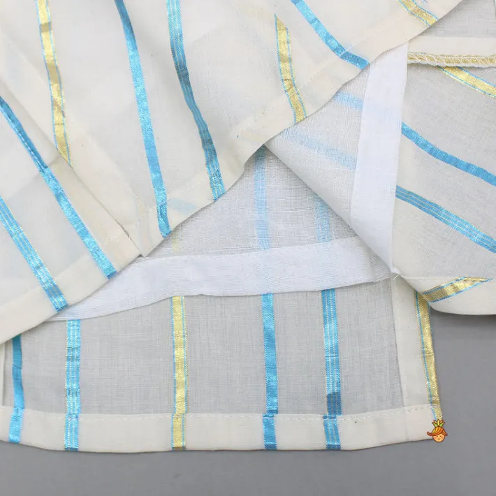 Hot Striped Blue Off White Kurta With Palazzo And Ruffle Dupatta Ethnic Wear | Palazzos & Shararas