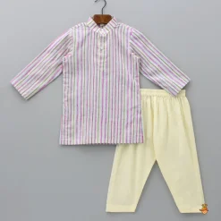 Discount Striped Multicolour Kurta With Front Open Pocket Detail Printed Jacket And Pyjama BOY Indian Ethnic Wear | Ethnic Sets