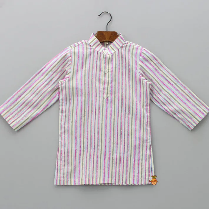 Discount Striped Multicolour Kurta With Front Open Pocket Detail Printed Jacket And Pyjama BOY Indian Ethnic Wear | Ethnic Sets