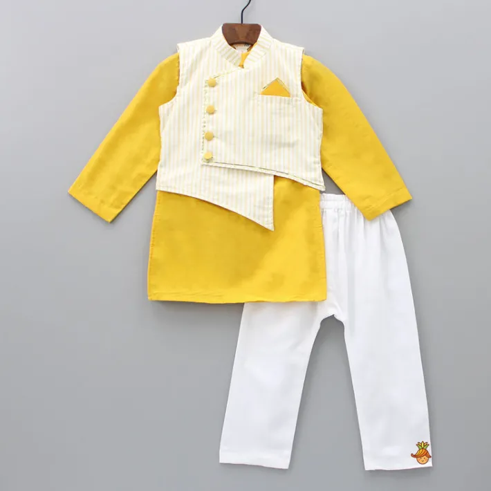 Sale Stripped Asymmetric Jacket With Mustard Yellow Kurta And Pyjama BOY Indian Ethnic Wear | Ethnic Sets