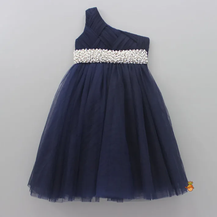 New Stunning Pearls And White Stones Embellished Navy Blue Gown Dresses & Sets | Gowns