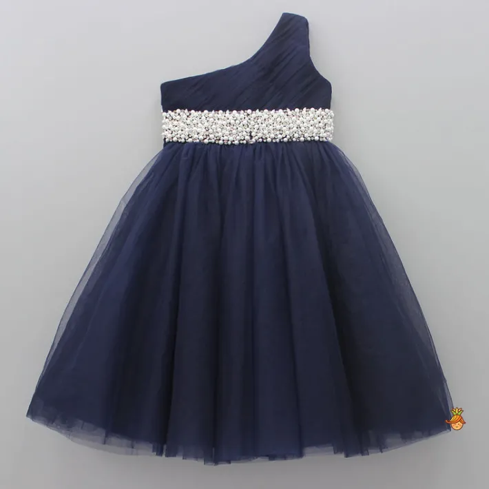 New Stunning Pearls And White Stones Embellished Navy Blue Gown Dresses & Sets | Gowns