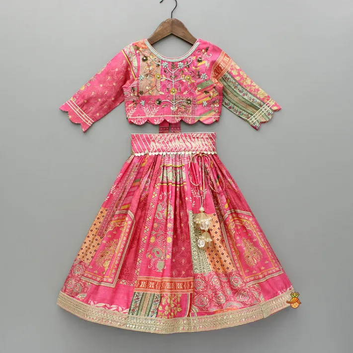 Hot Stunning Pink Raw Silk Scalloped Top And Pearly Tassels Enhanced Lehenga Ethnic Wear | Lehengas & Ghagras