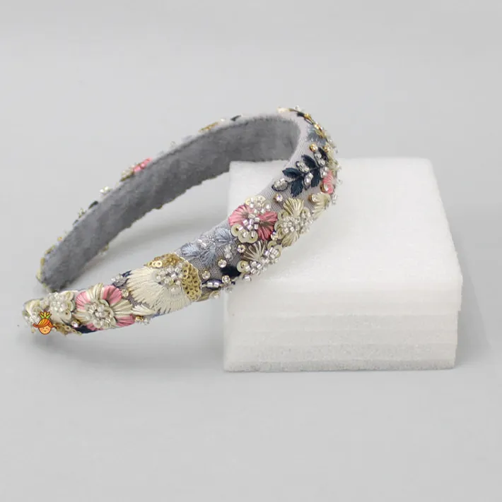 Fashion Stunning Thread Embroidered Grey Net Hair Band Hair Accessories | Hair Bands