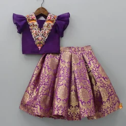 Hot Stylish Cut Out Back Purple Top And Box Pleated Brocade Lehenga Ethnic Wear | Lehengas & Ghagras