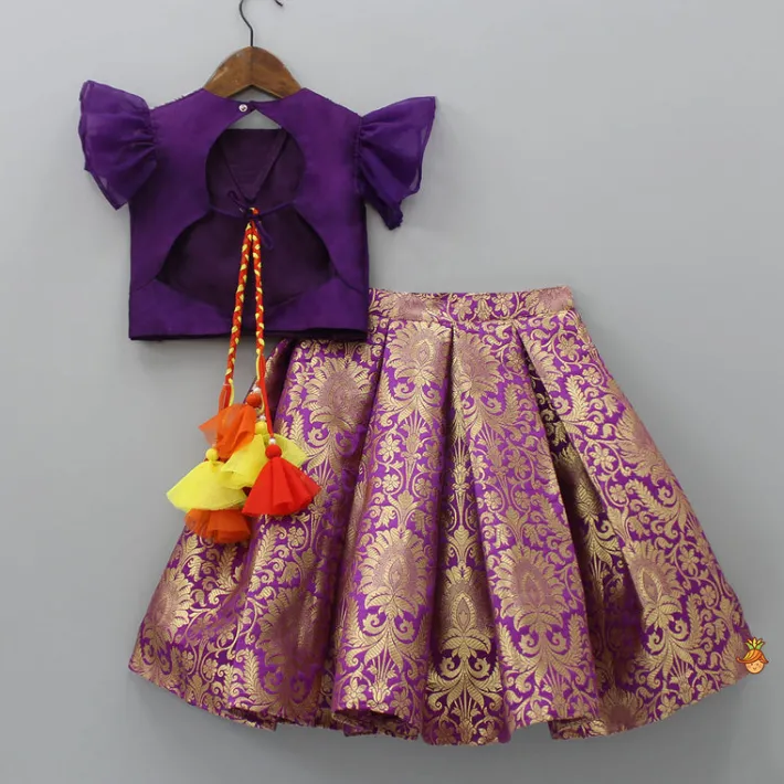 Hot Stylish Cut Out Back Purple Top And Box Pleated Brocade Lehenga Ethnic Wear | Lehengas & Ghagras
